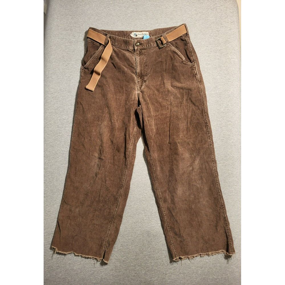 PHYS.SCI Brown Corduroy Carpenter Pants with Belt Frayed Hem Workwear‎ Casual